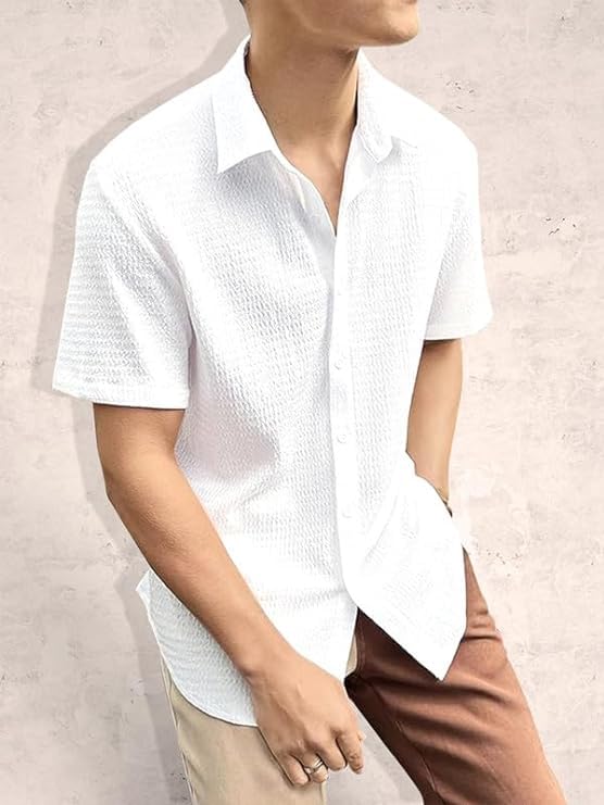 Image of Pinkmint Popcorn Shirt for Men Soild Slim Fit Sleeve Spread Collar Trendy Men Shirt Summer Wear Goa Wear Olive