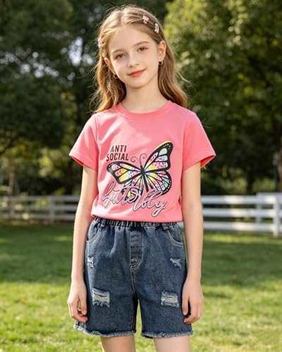 Image of 9-16Y Tween Girl Clothes 2 Piece Short Sleeve Heart Print Top and Shorts Teen Girl Summer Outfits Short Set