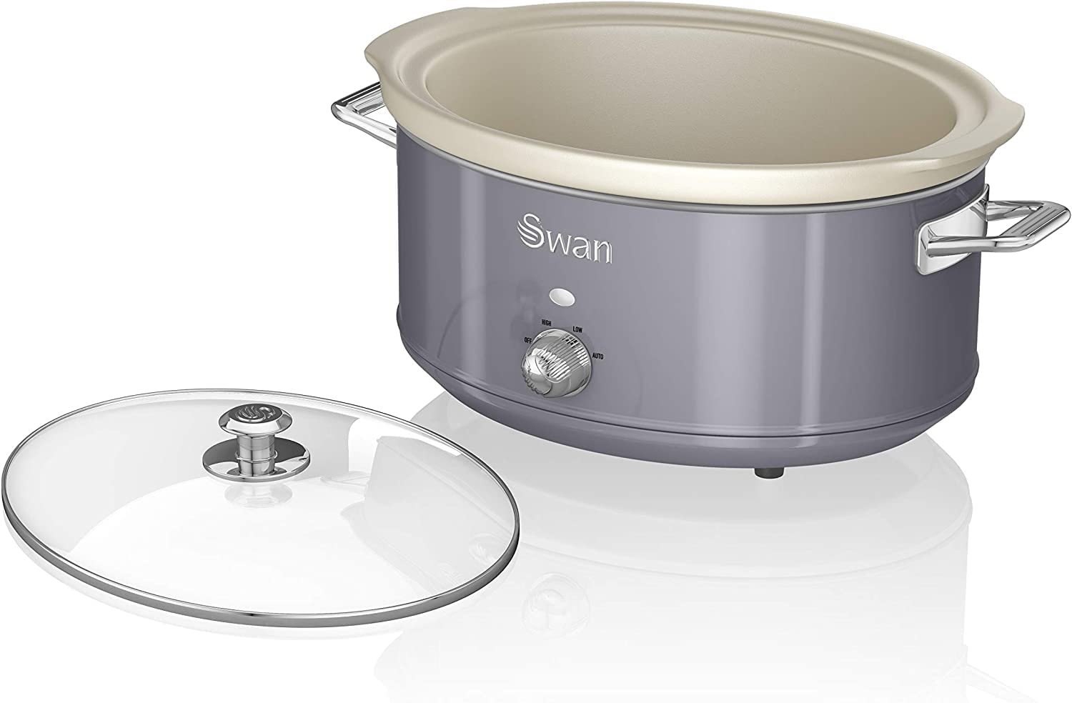 Swan Retro SF17031GRNEU Pentola Cottura Lenta 6,5L Contenitore Estraibile, Antiaderente Ceramica Libera PFOA e PTFE, 3 Livelli Temperatura, Coperchio Vetro, Slow Cooker Design Vintage, Grigio, 320W