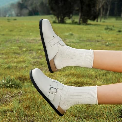 Women's Cow Leather Slippers - Solid Color Round Toe Buckle Strap Flats2