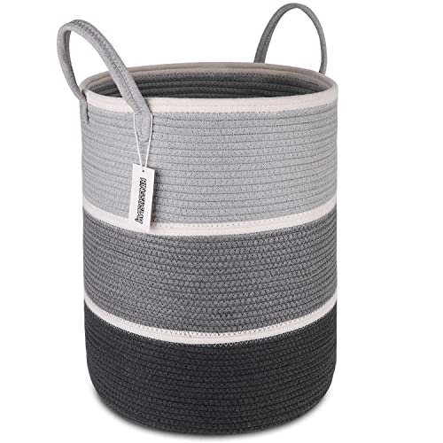 Image of KINGSUSLAY Woven Rope Laundry Hamper,Laundry Basket,Tall Nursery Hamper for Blanket storage,Toys,Pillows Dirty Clothes in Bathroom,Bedroom,Living Room,Nursey Room(70L, Grey & White)