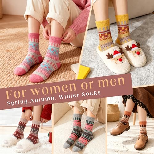 Image of LOCONHA Womens Wool Socks 5 Pairs Winter Warm Sock Thick Knit Cabin Cozy Crew Soft Socks Gifts for Women
