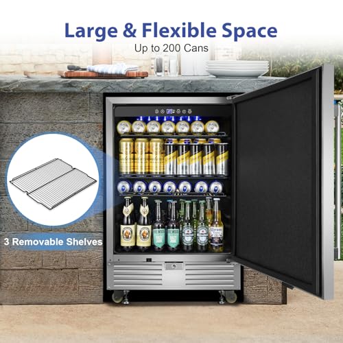 Image of Outdoor Refrigerator 24 Inch, Undercounter Beverage Fridge with Wheels, 180 Cans Waterproof Stainless Steel Fridge for Outdoor Kitchen and Patio