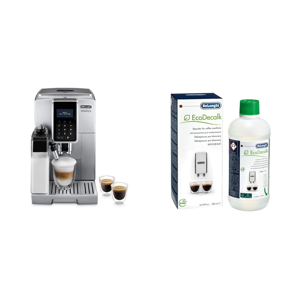 De'Longhi Dinamica, Fully Automatic Bean to Cup Coffee Machine, Cappuccino, Espresso Coffee Maker, ECAM 350.75.S, Silver & De’Longhi EcoDecalk Descaler for Coffee Machines DLSC500, 500ml