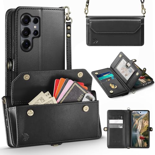 DJBull for Samsung Galaxy S25 Ultra Wallet Case with Card Holder, Shoulder and Wristlet Straps, Soft PU Leather, Magnetic Snap, Flip Phone Case for Women Men for Samsung S25 Ultra Black - image 1