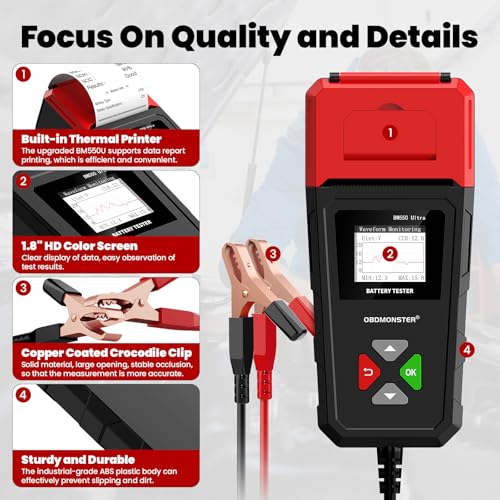 Image of Car Battery Tester OBDMONSTER BM550U 6V /12V /24V 100-2000CCA Lead-Acid Battery Load Tester 1.8 inch HD Screen Automotive Digital Battery Voltage Tester with Built-in Printer