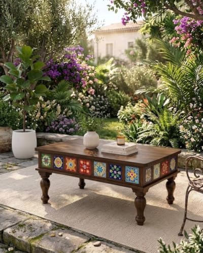 Image of JEENWOOD Sheesham Wood Rectangle Center Coffee Table for Living Room | Centre Table for Drawing Room, Office & Home | Multicolor Tiles Design| Walnut Finish