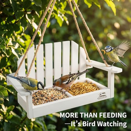 Solution4Patio White Swing Bird Feeder, Squirrel-Proof Metal Mesh Tray with Bench Design, High-Capacity Rust-Resistant Hanging Bird Feeder for Porch & Yard Décor – Easy Fill & Clean