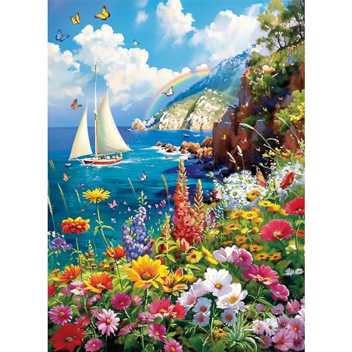 Image of 300 Pieces Puzzles for Adults-Colorful Garden By The Ocean Puzzle for Adults Children Elderly-Recycled Paper Puzzle 300 Pieces-Glossy, Sturdy Pieces Challenging Family Game Great Gift Idea (20.5x15in)