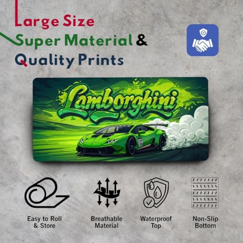 Image of Moto Edition Desk Mat 23x11 Inch - Racing-Themed Keyboard & Mouse Pad for Office, Home & Gaming | Non-Slip Rubber Base, Waterproof Surface, Supercar & Bike Inspired Table Mat (Green Lambo)