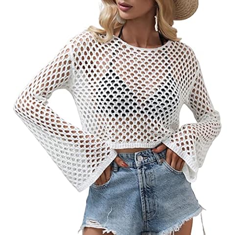 FeMereina Women Long Sleeve Crochet Knit Top Cover