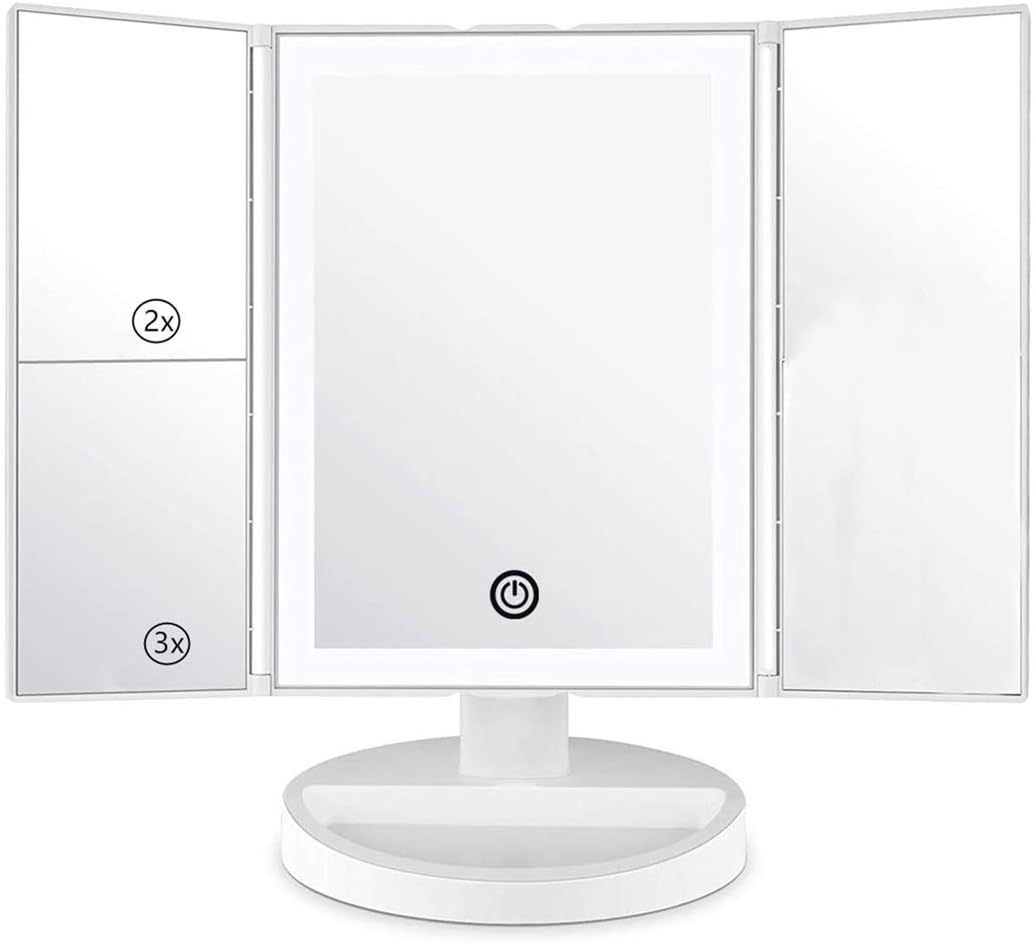 Tri-fold Lighted Vanity Makeup Mirror with 1x/2X/3X Magnification, 36 LED Lights Bright Natural,Touch Screen USB Charging 180° Free Rotation, Countertop Cosmetic Mirror,Travel Mirror