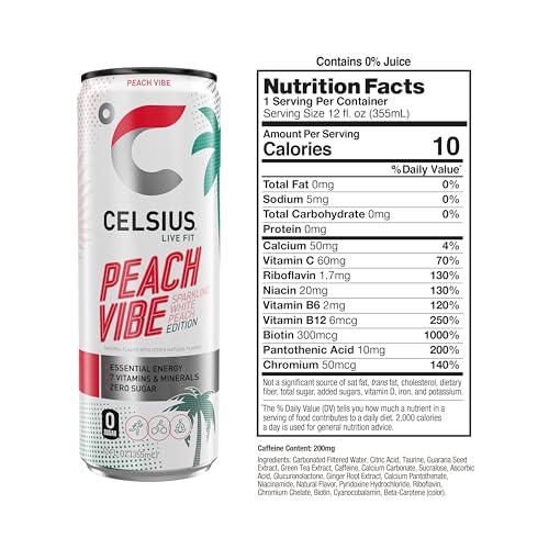 Image of CELSIUS Sparkling Peach Vibe, Functional Essential Energy Drink 12 Fl Oz (Pack of 4)