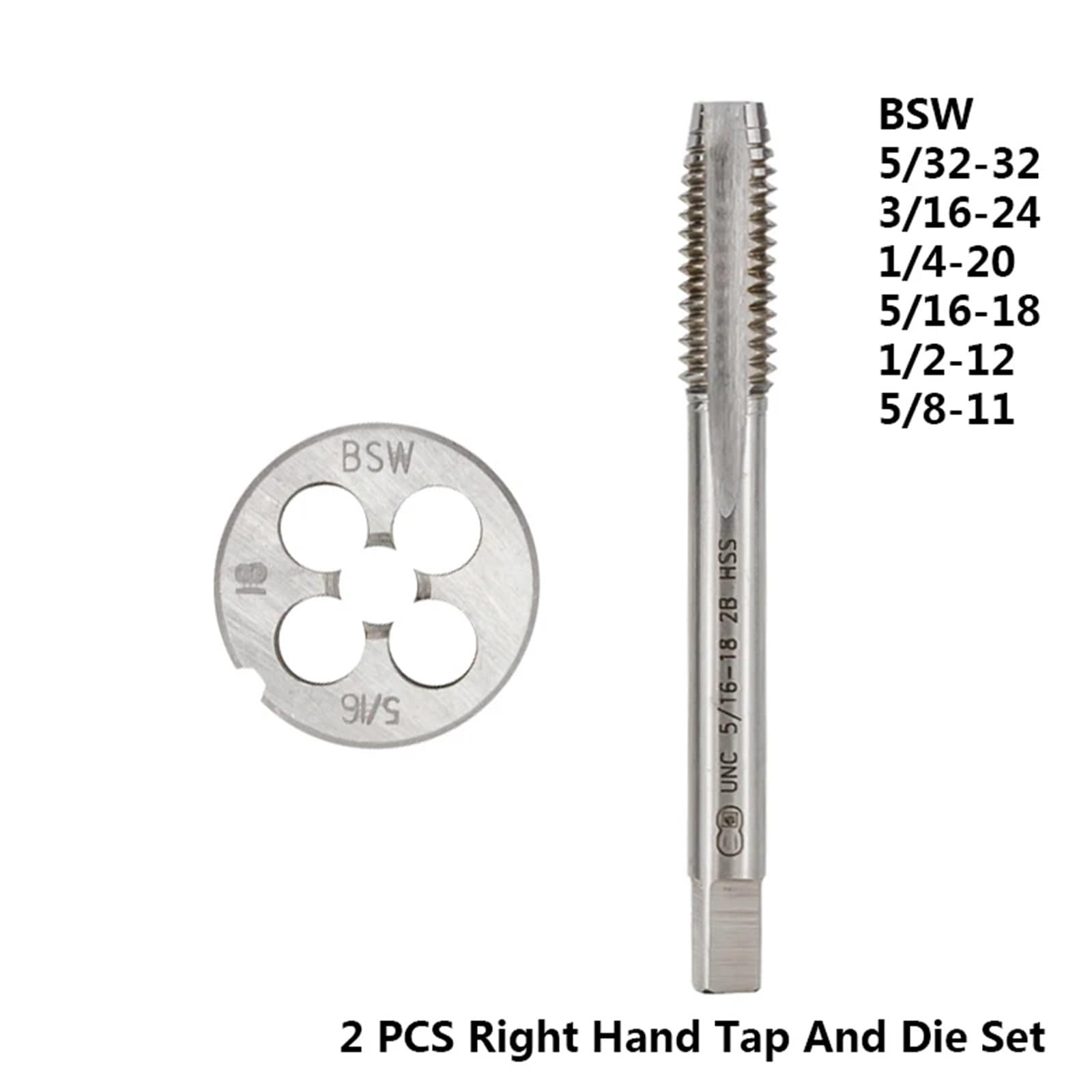 Juego de 2 machos y terrajas de Mano Derecha para Metal/Madera HSS, 5/32-32, 3/16-24, 1/4-20, 5/16-18, 1/2-12 y 5/8-11 (2 Unidades, 3/16-24)