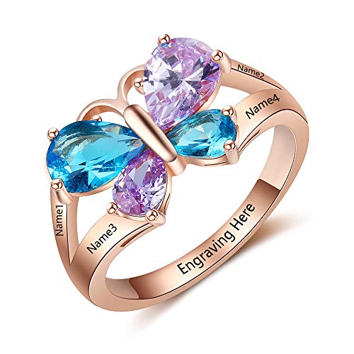 Personalized Mothers Rings with 4 Simulated Birthstones Rings for Mothers Promise Butterfly Ring for Women (Rose gold, 7) - Main Image