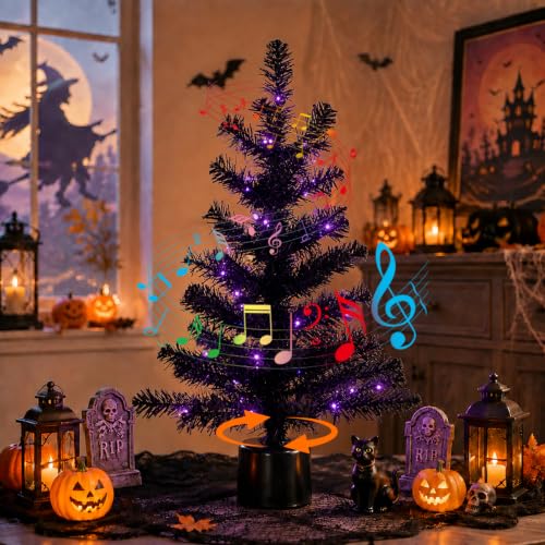 Halloween Decor, 2FT Black Rotating Halloween Tabletop Tree, Pre-Lit with 35 Purple LED Lights,Battery Powered Tree for Halloween, Fall, Christmas & All Season Indoor Holiday Decor - image 1
