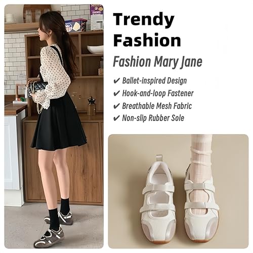 Women's Mary Jane Flats, Ballet-Inspired Hook-Loop Strap Breathable Mesh Non-slip Rubber Sole,Ideal for Daily Walks & Coffee Dates2