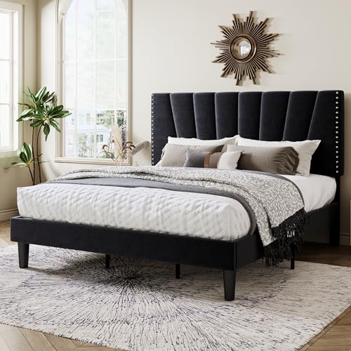 Image of Allewie King Size Velvet Platform Bed Frame with Adjustable Headboard Black | Height-Adjustable Velvet Headboard, Rivet-Style Nailhead Trim, Wooden Slat Support, No Box Spring Needed, Easy Assembly