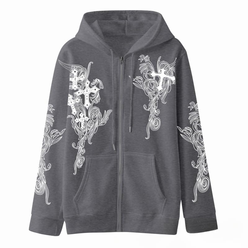 Women Men Y2K Zip Up Oversized Hoodie Gothic cross Graphic Emo Grunge Baggy Fleece Jacket 90s Punk Streetwear4