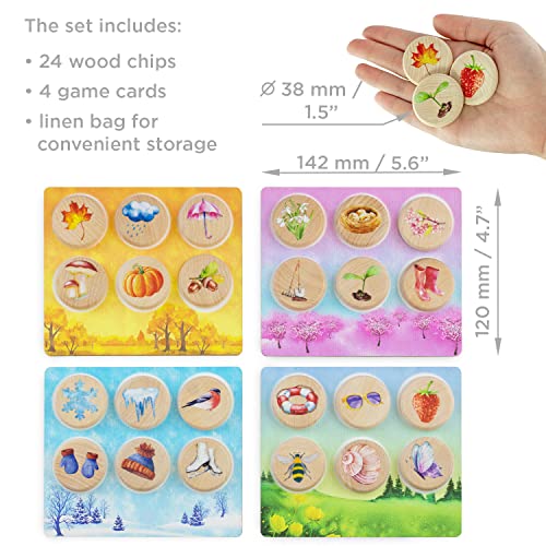 Ulanik Bingo Spiel für Kinder Jahreszeiten 24 STK Holzbrettspiel Ab 3 Jahre Lernspielzeug für Vorschule