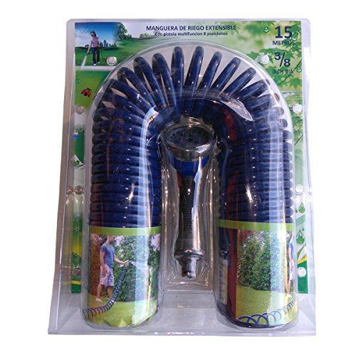 HidroRain SG15 Manguera de riego en Espiral con racores y Pistola, Azul, 30x3x20 cm