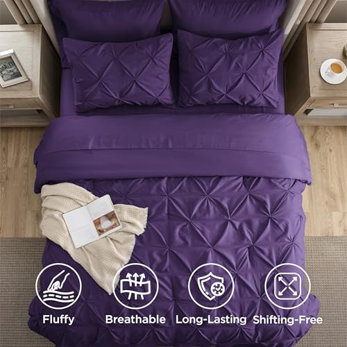Image of Bedsure Full Comforter Set Purple - Bed in a Bag Full Size Bedding Set 7 Pieces, GentleSoft Pintuck Bed Set Gift for Family, All Season Down Alternative Comforter with Sheets, Pillowcases & Shams