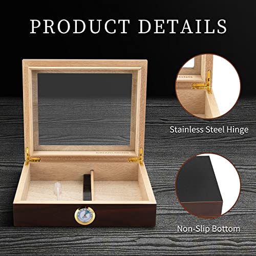 Hancigar Handmade Cigar Humidor For 20-30 Cigars, Tempered Glass Top Spanish Cedar Cigar Box Case With Hygrometer Humidifier And Divider, Red #TOP1