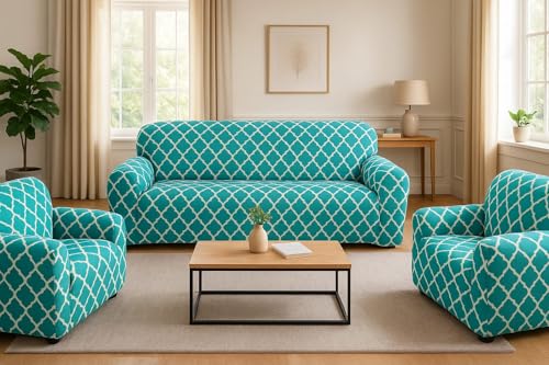 Image of Gurnoor Sofa Cover One 3 Seater and Two 1 Seater Fully Covered Universal 5 Seater for Living Room Non-Slip Sticky Elastic Stretchable Couch Sofa Set Slipcover Protector(Green-Darbar)