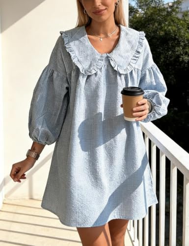 Image of Ynhonra Women's Gingham Mini Dress 3 /4 Puff Sleeve Babydoll Doll Collar