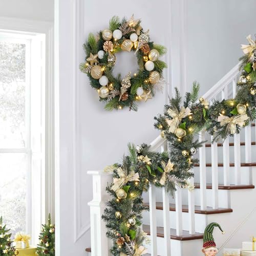 Prelit Christmas Garland, 6 Ft Battery Operated, Waterproof, Lighted for Mantle, Stairs, Table - Gold