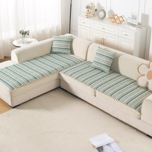Image of HOKIPO L Shape (2+2 Seater) Sofa Cover Seat Mat | 300 GSM Cotton Acrylic Jacquard Fabric with Tassel, 'Trivana Series' Olive Green (IN-934+935-J1)