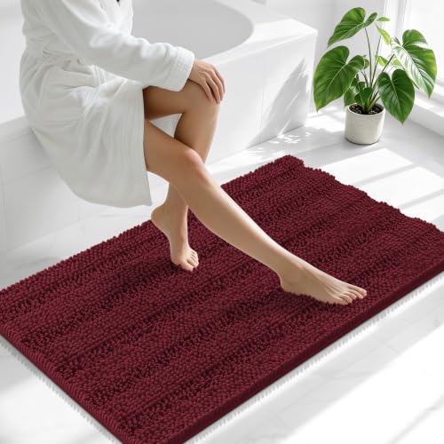Image of Smiry Thick Chenille Bathroom Runner Rugs 44x24, Absorbent Striped Bath Mat, Machine Washable, Rubber Backing, Long Bath Rugs for Bathroom, Tub & Shower, Home Decor Accessories, Andorra Red-Brown