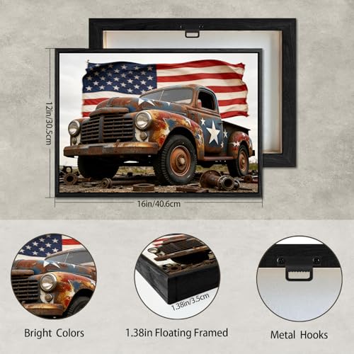 Image of American Flag Framed Canvas Wall Art, 4th of July Canvas Prints, USA Flag with Truck Patriotic Decorations, Vintage Independence Day Wall Decor for Bedroom Living Room Dining Room Office 12x16