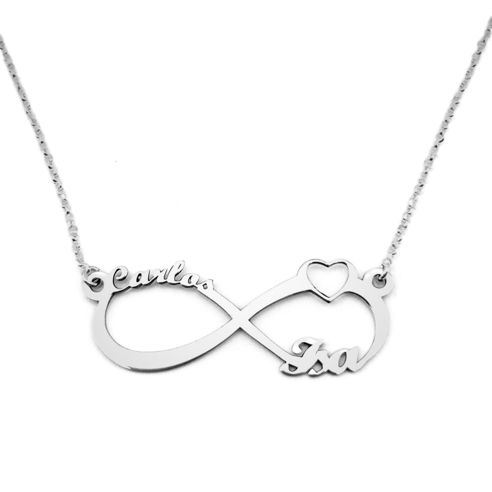 LUXFAN´S FANTASY DELUXE Collar Infinito Personalizado en Plata de Ley 925 con Corazón y Nombres personalizable para regalar con cadena Rolo de 40 cm + Alargador.