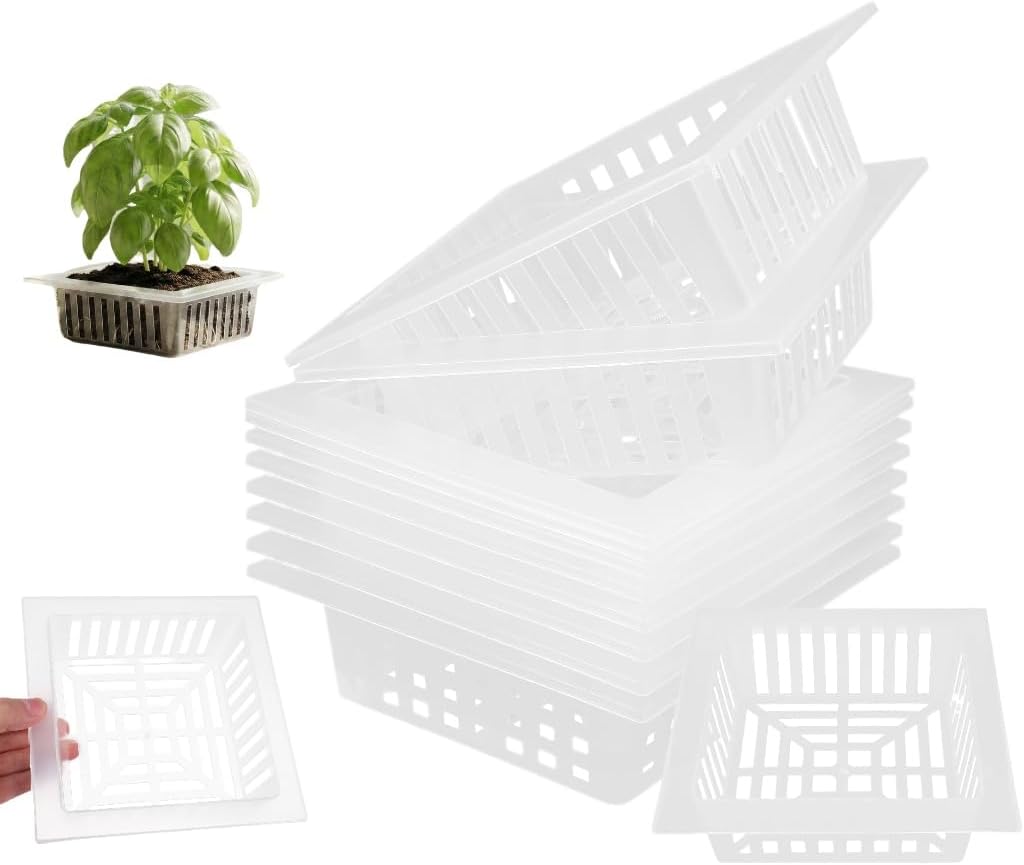 Totority 10 pcs Plastic Square Hydroponic Mesh Baskets with Drainage Holes for Home Gardening Transparent Net Pots for Vegetables Flowers Reusable Plant Grow Cups