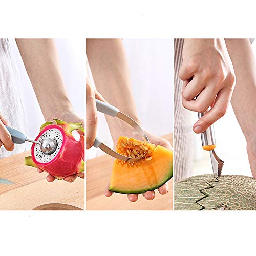 4-in-1 Stainless Steel Melon Baller & Carving Knife & Fruit Scoop Set for Fruit Slicer Dig Pulp Separator and Carve