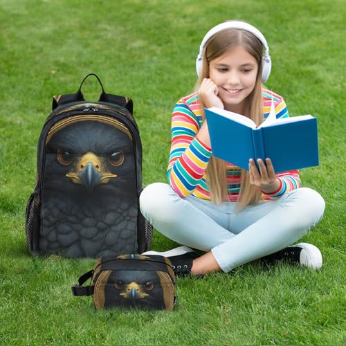 Kids Backpack Black Falcon School Bookbag with Lunch Bag for Boys Girls Preschool Kindergarten Elementary Laptop Daypack 6