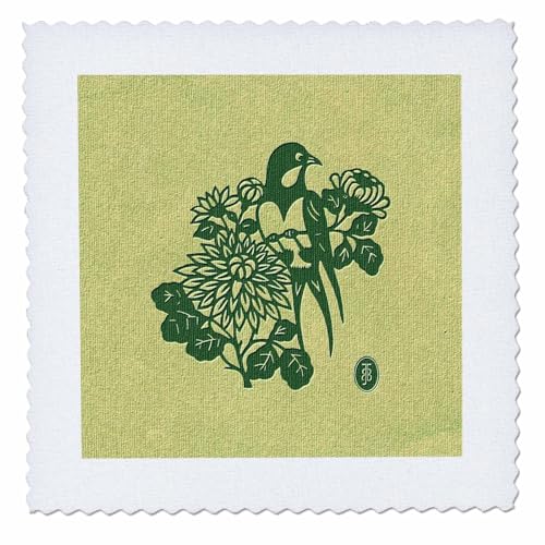 22x22 inch Quilt Square - Elegant Bird with Flowers in Shades of Green Beautiful China Series