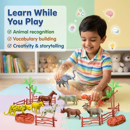 Image of ZESTHOME Animal Toys for Kids | Jungle & Zoo Animal Figurine Set with Accessories | 6-8 cm Realistic Figures | Educational & Pretend Play Toy for Boys & Girls (Ages 2+) | 17-Piece Set