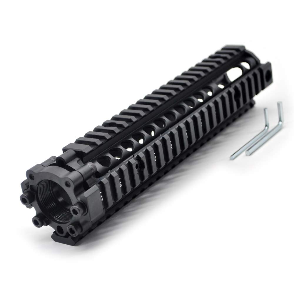 TRIROCK Two-Pieces Design 9.6 Inch Drop-in Black Quad Rail handguard for MK18 Rifle Interface System For Fitting .223 Cal.