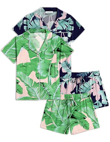 Image of Ekouaer Womens Pajamas Set 2 Pack Button Down Summer Sleepwear Short Sleeve Comfy Pjs Loungewear Set