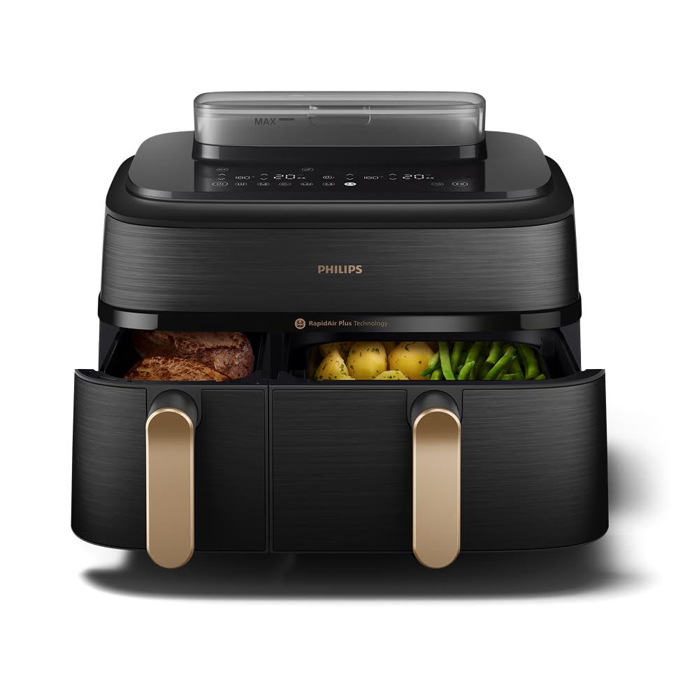 Philips Airfryer Série 5000 - Air Fryer double panier avec cuisson vapeur, 9L, RapidAir, 19 modes de cuisson, jusqu'à 90% de matières grasses en moins, AirSteam, nettoyage vapeur, HomeID (NA552/00)