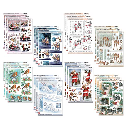 Katy Sue Christmas Selection Die-Cut Decoupage Pack. Contains 24 Pre-Cut Die Cut Decoupage Paper Sheets for Christmas Card Making Supplies. 3 Copies Each of 8 Different Designs