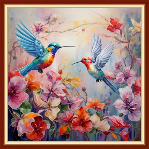 Image of Dooxvey Cross Stitch Kit for Adults Beginners - Stamped Needlepoint Embroidery Pattern - Hummingbird Couple 18x18 Inch 11CT