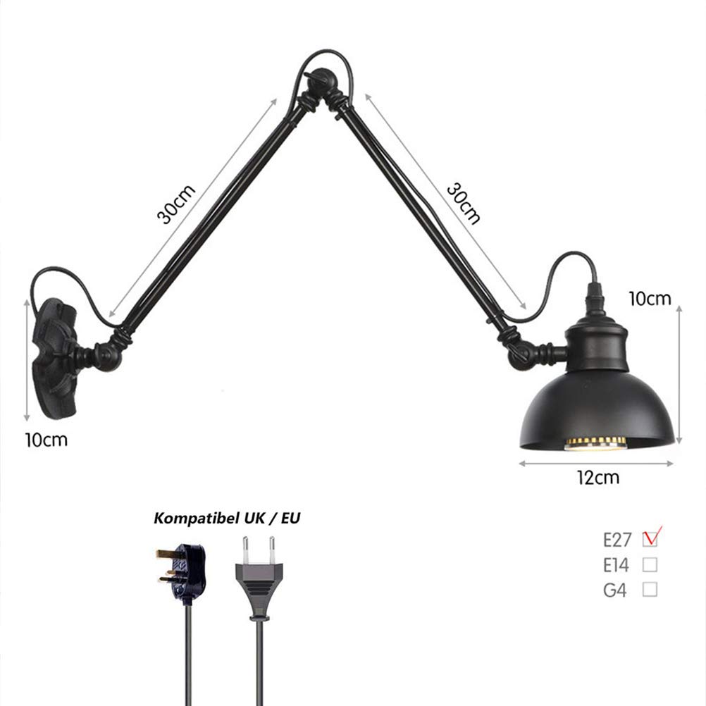 Schwarz Industrial Wandleuchte mit Schalter Retro Innen E27 Wandlampe Wohnzimmer Wand-Leselampen Verstellbar Metall Langer Arm 30+30cm, 1,8 m Kabel mit EU Stecker, für Schlafzimmer Bettseite Büro