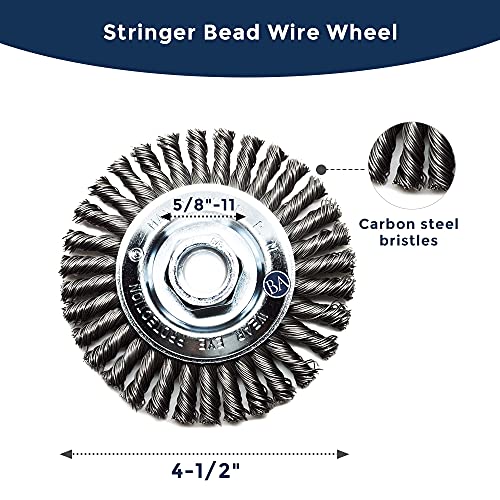 Image of Benchmark Abrasives 4 inch x 1 /4 inch Stringer Bead Wire Wheel with 5 /8 inch-11 Thread, for Weld Cleaning, Weld Spatter Removal, Stripping, Deburring, Use with Angle Grinders - (4 inch x 1 /4 inch, Stainless)