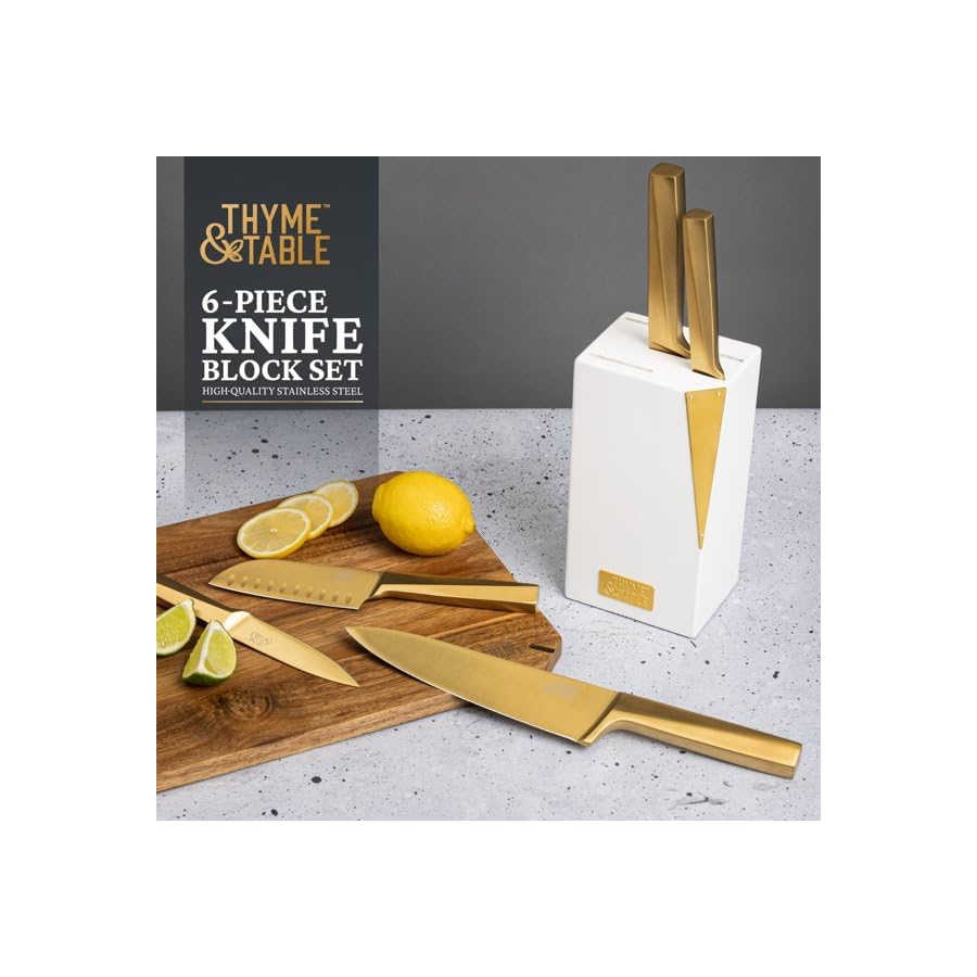 6-Piece Slim Acacia Knife Block Set With Gold Blades And White Accent Block, Affordable Knife Block Set Built To Last, Ergonomic Handles