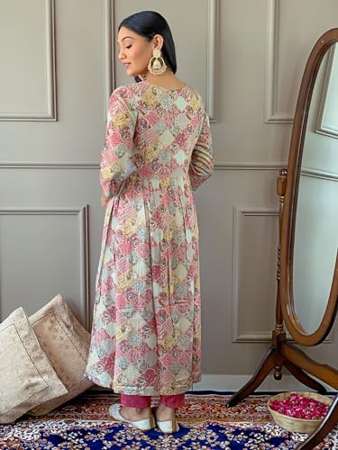 Image of Navlik Women's Viscose Rayon Embroidered and Printed Flared Kurta with Pant and Dupatta Sets (NK-411)