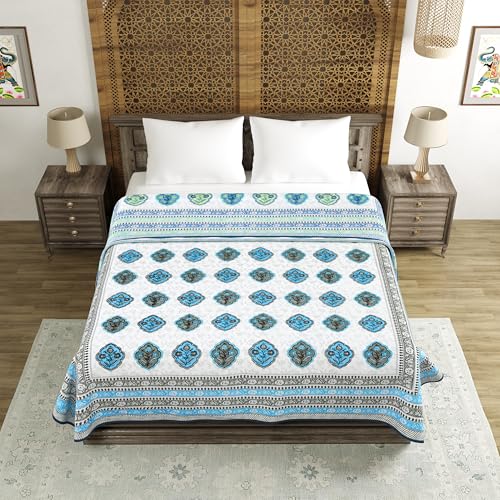 Image of BLOCKS OF INDIA 100% Cotton Dohar King Size Reversible Hand Block Printed Malmal Summer Dohar /Blanket (Blue Rose)-300 TC