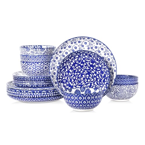 Image of Selamica Ceramic Plates and Bowls Sets,18 Pieces Retro Floral Dinnerware Sets for 6,Dishwasher & Microwave Safe dish set,Family & Holiday Dining, Vintage Blue